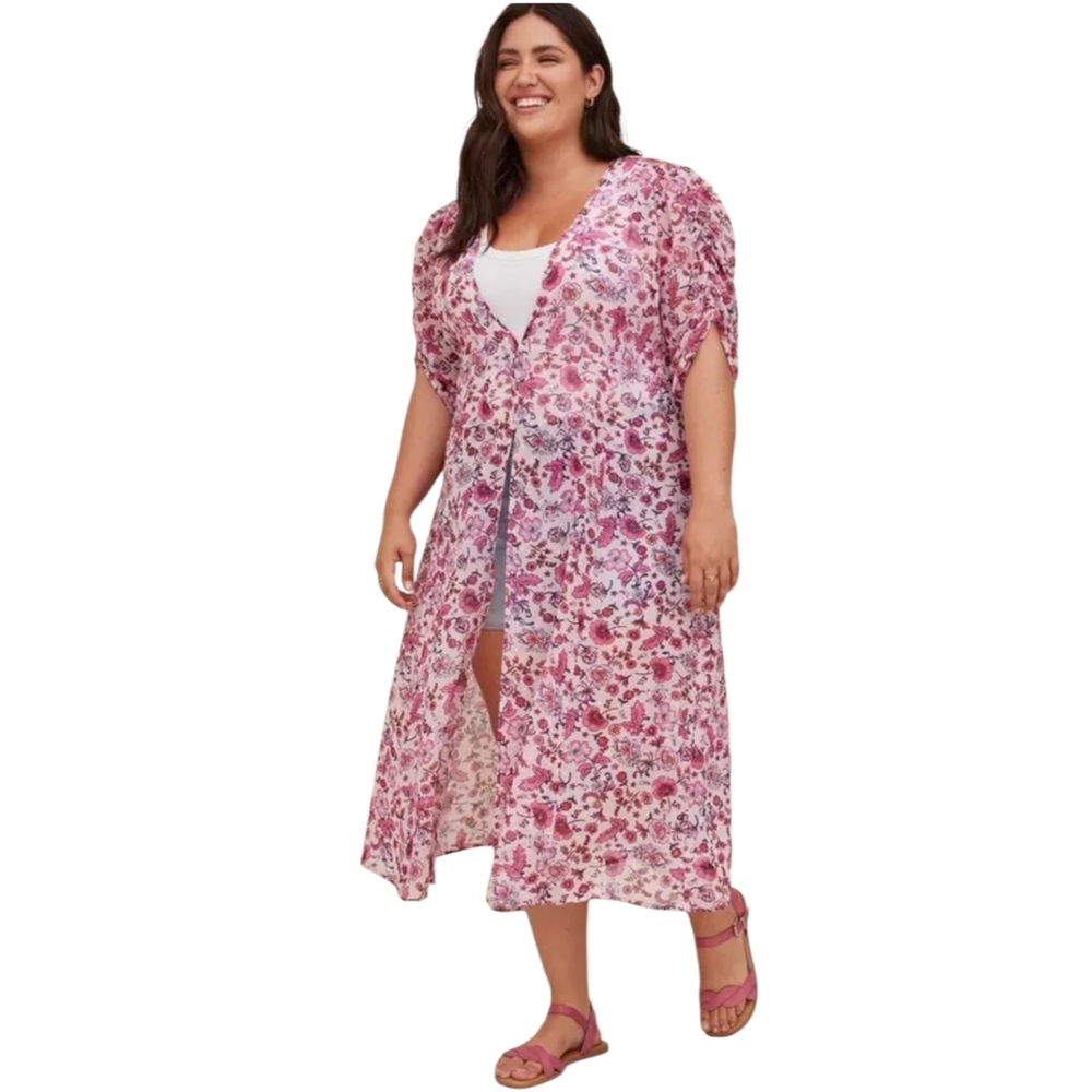 Torrid Pink Floral Sheer Chiffon Kimono Dress Size 3X